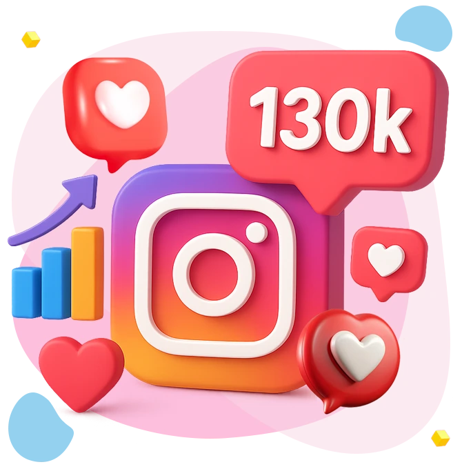 3D illustration showing Instagram post engagement icons representing buy Instagram post likes