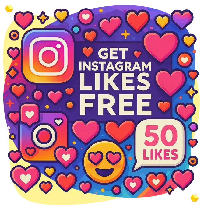 3D Instagram graphic showing free like boosts and engagement icons representing get Instagram likes free
